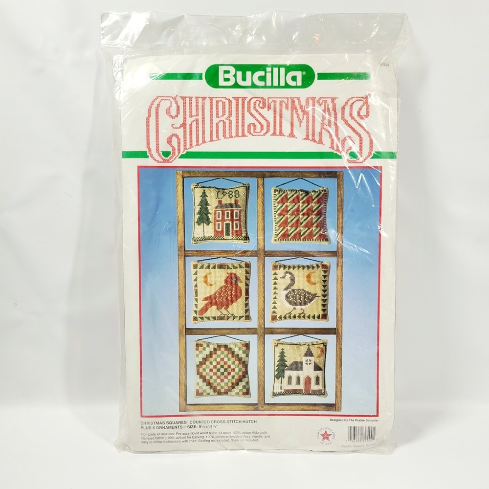 Bucilla Christmas Squares Cross Stitch Kit W Wood Hutch Rustic Country '80s